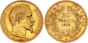 France 20 Francs 1855 A. KM# 781.1, N# 3390; Gold (.900) 6.45 g.; Napoleon III; Paris Mint; VF/XF