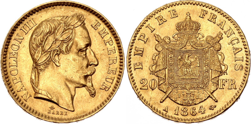 France 20 Francs 1864 A. KM# 801.1, N# 6718; Gold (.900) 6.45 g.; Napoleon III; ...