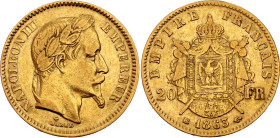 France 20 Francs 1863 BB. KM# 801.2, N# 6718; Gold (.900) 6.45 g.; Napoleon III; Strasbourg Mint; VF+