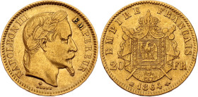 France 20 Francs 1864 BB. KM# 801.2, N# 6718; Gold (.900) 6.45 g.; Napoleon III; Strasbourg Mint; XF