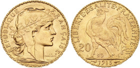 France 20 Francs 1913. KM# 857, N# 2230; Gold (.900) 6.45 g.; Paris Mint; UNC with full mint luster