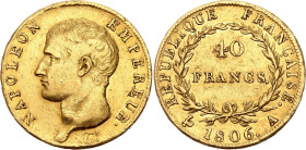 France 40 Francs 1806 A. KM# 675.1, N# 14695; Gold (.900) 12.83 g.; Napoleon I; Paris Mint; VF