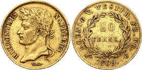 German States Westphalia 20 Franken 1809. KM# 103, N# 32883; Gold (.900) 6.45 g.; Jérôme Bonaparte; Kassel Mint; Mintage: 9104 pcs; XF