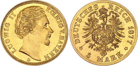 Germany - Empire Bavaria 5 Mark 1877 D Collector's Copy. KM# 904, N# 56094; Gold 1.97 g.; Louis II; AUNC