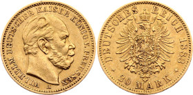 Germany - Empire Prussia 20 Mark 1883 A. KM# 505, J# 246, N# 32031; Gold (.900) 7.96 g.; Wilhelm I; Berlin Mint; XF+
