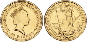 Great Britain 10 Pounds 1987. KM# 950, N# 14362; Gold (.917) 3.41 g.; Elizabeth II; Gold Britannia; UNC with few hairlines