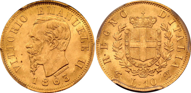 Italy 10 Lire 1863 T BN PCGS MS63+. KM# 9, N# 18756; Gold (.900) 3.23 g; Vittori...