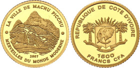 Ivory Coast 1500 Francs CFA 2007. KM# 42, N# 117654; Gold (.917) 1 g., Proof; Modern Wonders of the World – Machu Picchu