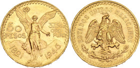 Mexico 50 Pesos 1945. KM# 481, N# 15038; Gold (.900) 41.66 g.; 100th Anniversary of Independence from Spain; UNC with full mint luster