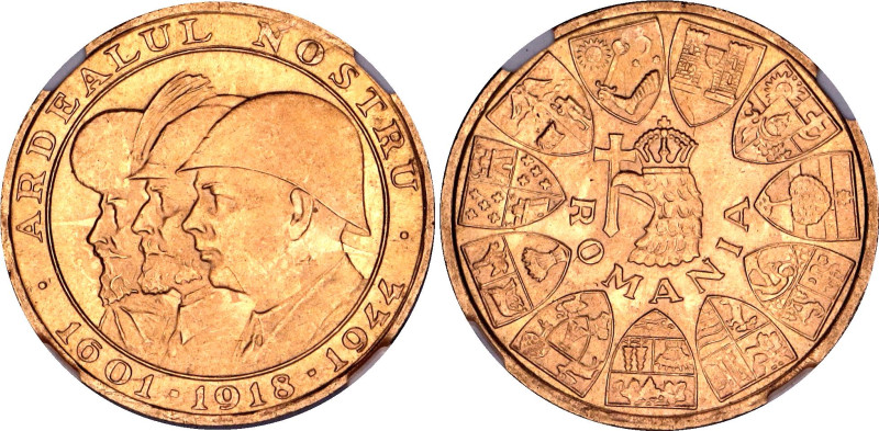 Romania 20 Lei 1944 NGC MS64. X# M13, N# 54200; Gold (.900) 6.55 g; Mihai I; Lib...