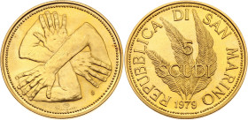 San Marino 5 Scudi 1979 IPZS. KM# 101, N# 95113; Gold (.917) 15 g.; Peace; Rome Mint; Mintage 24000 pcs.; UNC with full mint luster