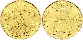 San Marino 1 Scudo 1980 IPZS. KM# 113, N# 93723; Gold (.917) 3.00 g.; Justice; Mintage 27691 pcs.; UNC with mint luster