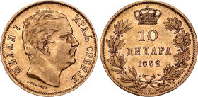 Serbia 10 Dinara 1882 V. KM# 16, N# 26699; Gold (.900) 3.20 g.; Milan I; Vienna Mint; XF
