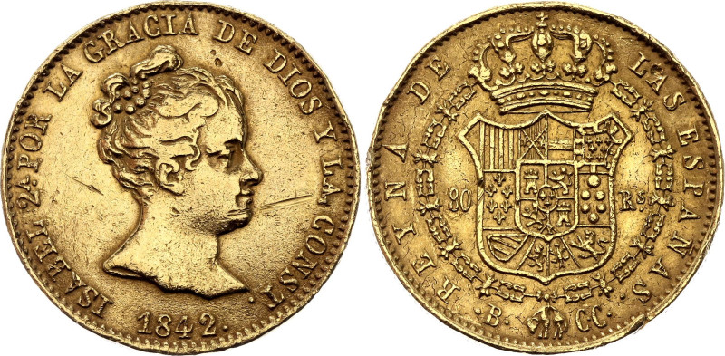 Spain 80 Reales 1842 B CC. KM# 578.1, Cal#60, N# 18518; Gold (.875) 6.73 g.; Isa...