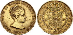 Spain 80 Reales 1842 B CC. KM# 578.1, Cal#60, N# 18518; Gold (.875) 6.73 g.; Isabella II; Barcelona Mint; XF; Slightly bent