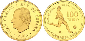 Spain 100 Euro 2003 M. KM# 1077, Fr# 403, N# 56889; Gold (.999) 6.75 g., Proof; Juan Carlos I; 2006 FIFA World Cup; Mintage 25000 pcs.