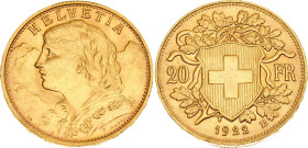 Switzerland 20 Francs 1922 B. KM# 35.1, N# 7497; Gold (.900) 6.45 g.; "Vreneli"; Bern Mint; UNC with full mint luster