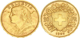 Switzerland 20 Francs 1927 B. KM# 35.1, N# 7497; Gold (.900) 6.45 g.; "Vreneli"; Bern Mint; UNC with full mint luster