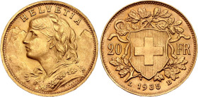 Switzerland 20 Francs 1935 LB Restrike. KM# 35.1, N# 7497; Gold (.900) 6.45 g.; "Vreneli"; Bern Mint.; UNC with full mint luster