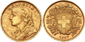 Switzerland 20 Francs 1947 B. KM# 35.2, N# 283832; Gold (.900) 6.45 g.; "Vreneli"; Bern Mint.; UNC with full mint luster