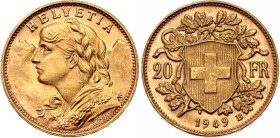 Switzerland 20 Francs 1949 B. KM# 35.2, N# 283832; Gold (.900) 6.45 g.; "Vreneli"; Bern Mint.; UNC with full mint luster