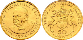 Turks & Caicos Islands 50 Crowns 1974. KM# 3, Fr# 2, N# 101294; Gold (.500) 9.00 g.; Elizabeth II; Centenary - Birth of Churchill; Mintage 30000 pcs.;...