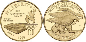 United States 5 Dollars 1995 W. KM# 261, N# 92690; Gold (.900) 8.36 g., Proof; XXVI Olympiad Torch Runner; Mintage 57870 pcs.