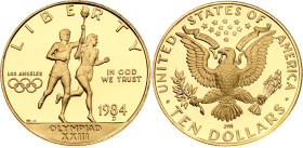 United States 10 Dollars 1984 D. KM# 211, N# 41446; Gold (.900) 16.72 g., Proof; XXIII Summer Olympics, Los Angeles 1984; Denver Mint; Mintage 34533 p...