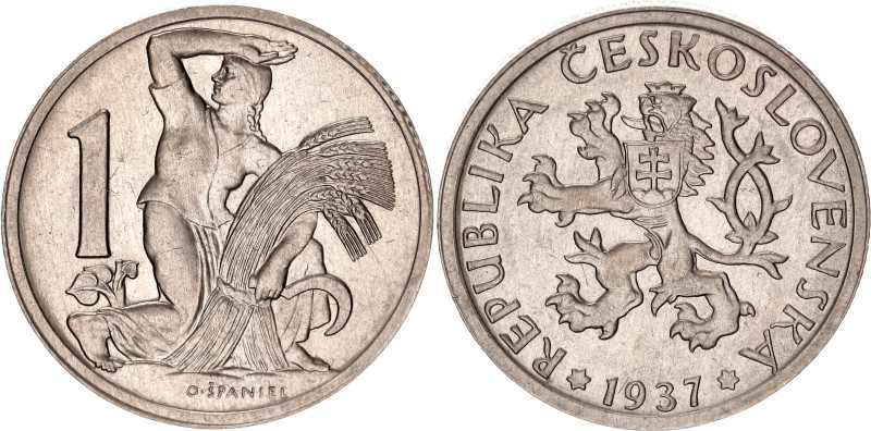 Czechoslovakia 1 Koruna 1937. KM# 4, Schön# 7, N# 1225; Copper-nickel; UNC