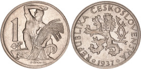 Czechoslovakia 1 Koruna 1937. KM# 4, Schön# 7, N# 1225; Copper-nickel; UNC