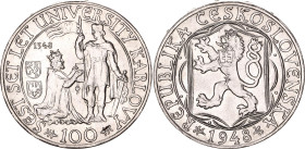 Czechoslovakia 100 Korun 1948. KM# 26, Schön# 33, N# 6515; Silver 13.99 g.; 600th Anniversary of foundation of Charles University; UNC with mint luste...