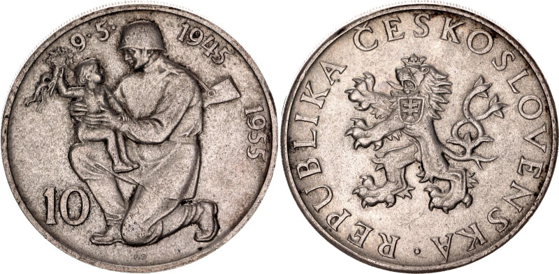 Czechoslovakia 10 Korun 1955. KM# 42, Schön# 47, N# 12623; Silver; 10th Annivers...