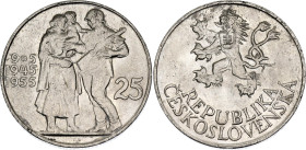 Czechoslovakia 25 Korun 1955. KM# 43, Schön# 48, N# 18478; Silver 15.92 g.; 10th Anniversary - Liberation from Germany; UNC- with full mint luster...