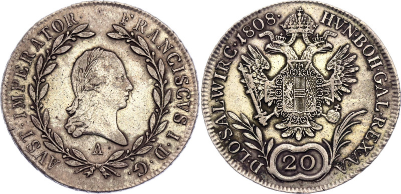 Austria 20 Kreuzer 1808 A. KM# 2141, Adamo# C30, N# 18835; Silver; Franz I; XF+...