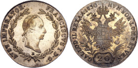 Austria 20 Kreuzer 1830 B. KM# 2145, N# 22995; Silver; Franz I; Kremnica Mint; UNC with full mint luster