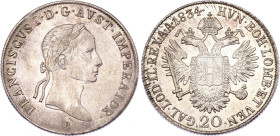 Austria 20 Kreuzer 1834 B. KM# 2147, Schön# 76, N# 14712; Silver 6.69 g.; Franz I, Kremnitz Mint; AUNC/UNC with mint luster