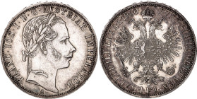 Austria 1 Florin 1860 A. KM# 2219, N# 7004; Silver 12.34 g.; Franz Joseph I; Vienna Mint.; UNC with mint luster & minor hairlines