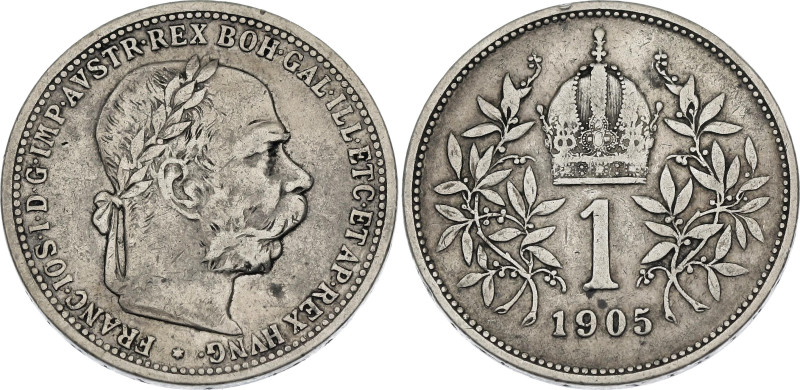 Austria 1 Corona 1905 Key Date. KM# 2804, N# 5744; Silver 4.90 g.; Franz Joseph ...