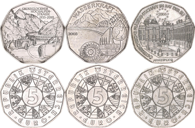 Austria 3 x 5 Euro 2003 - 2010. KM# 3105, 3132, 3184; Silver Total 30 g.; Waterp...