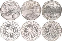 Austria 3 x 5 Euro 2003 - 2010. KM# 3105, 3132, 3184; Silver Total 30 g.; Waterpower & Austrian European Union Presidency & Grossglockner; UNC