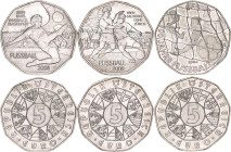 Austria 3 x 5 Euro 2004 - 2008. KM# 3113, 3163, 3164; Silver Total 30 g.; 100th Anniversary of Football & European Championship 2008; UNC