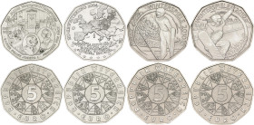 Austria 4 x 5 Euro 2004 - 2010. Silver Total 40 g.; Various Dates & Motives; UNC