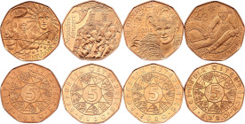 Austria 4 x 5 Euro 2013 - 2016. Copper; Various Motives & Dates; UNC
