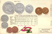 Austria Post Card "Coins of Austria" 1904 - 1912 (ND). Carton; South Africa Coinage Postcard; Currency exchange chart; Emb. litho; Hugo Semmler, Magde...