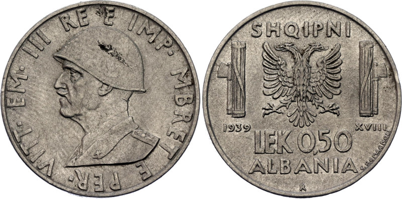 Albania 0.50 Lek 1939 (XVIII) R. KM# 30, N# 11175; Stainless Steel; Vittorio Ema...