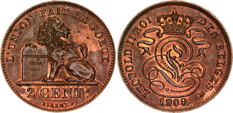 Belgium 2 Centimes 1909. KM# 35.1, N# 516; Copper; Leopold II; French text; UNC ...