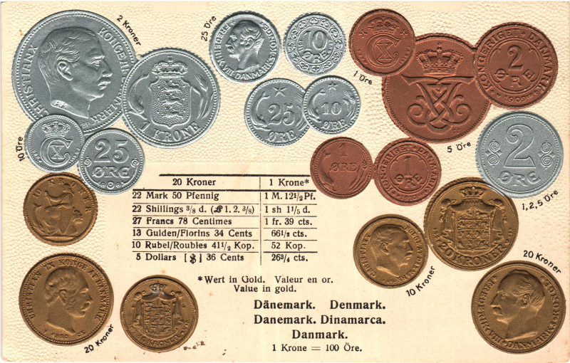 Denmark Post Card "Coins of Denmark" 1912 - 1937 (ND). Carton; Denmark Coinage P...