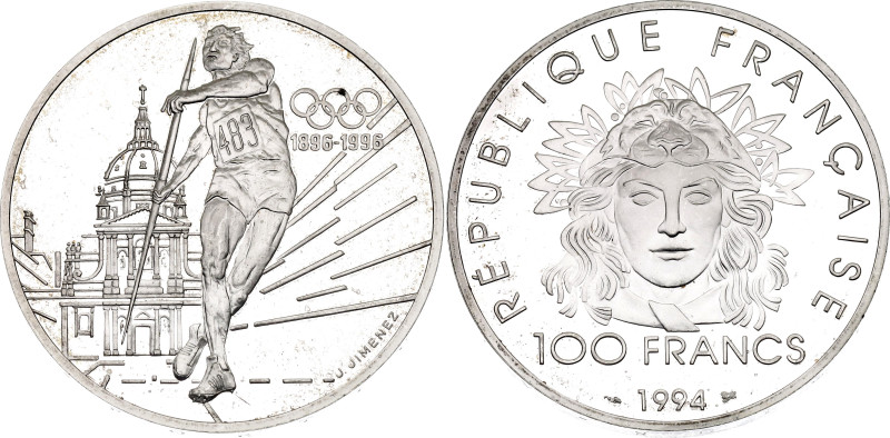 France 100 Francs 1994. KM# 1048, N# 29850; Silver 33.58 g., Proof; 1994 Winter ...