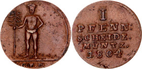 German States Brunswick-Luneburg-Calenberg-Hannover 1 Pfennig 1804. KM# 330, Schön DM# 321, N# 39885; Copper; George III; XF/AUNC