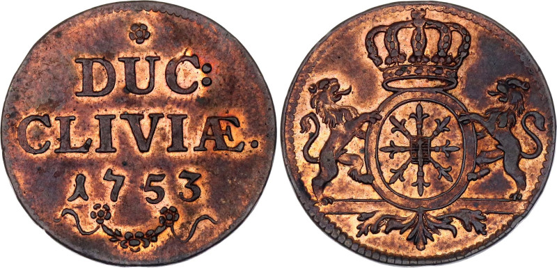 German States Cleves 1 Duit 1753. KM# 53, N# 38078; Copper; XF